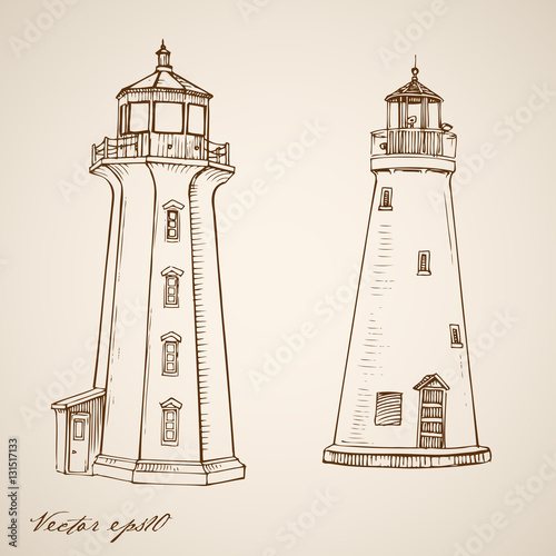 Engraving hand vector lighthouse building