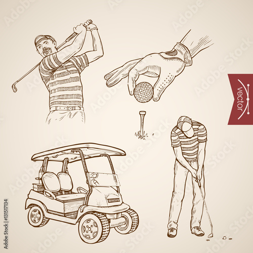 Engraving hand vector golf player hitting ball, sport car