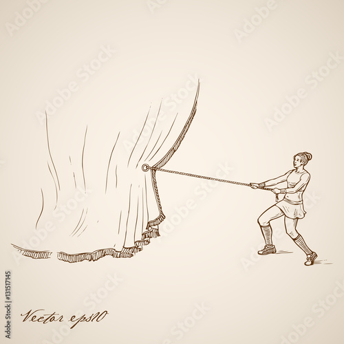 Engraving hand vector woman pulling curtain