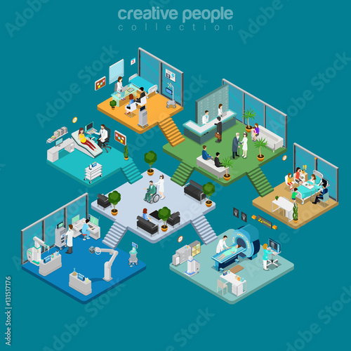 Flat isometric Medical centre interior vector. 3d health care