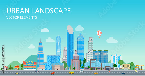 Flat Urban city landscape skyscrapers houses sky vector