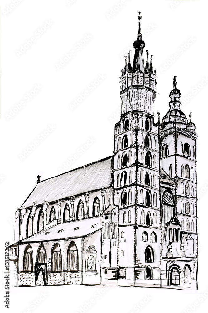 Szkic kościoła Mariackiego w Krakowie. Rysunek na białym tle - obrazy, fototapety, plakaty 
