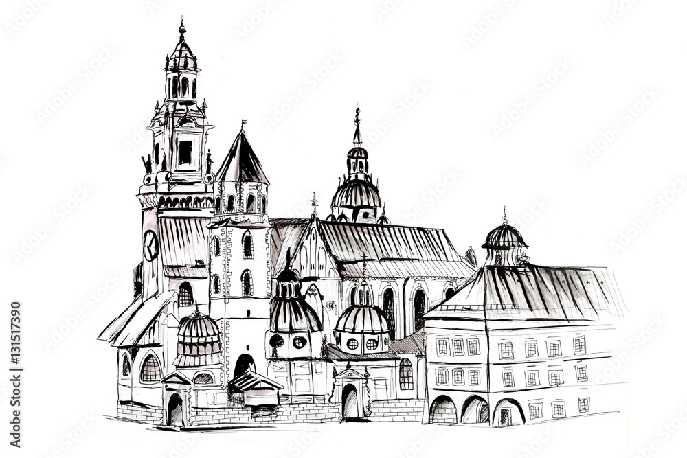 Szkic odręczny. Katedra na Wawelu w Krakowie ręcznie rysowana na białym tle - obrazy, fototapety, plakaty 