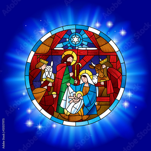 Circle stained glass with the Christmas and Adoration of the Magi