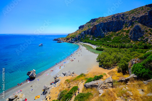 Panorama of Preveli beach at Libyan sea  river and palm forest  southern Crete   Greece