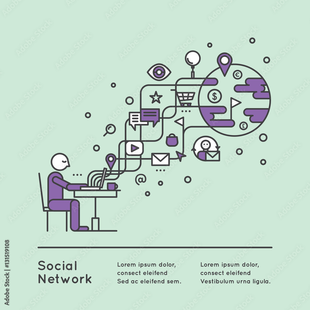 Vector Icon Style Illustration of Social Network Concept using wireless connection via WiFi. Man using laptop.