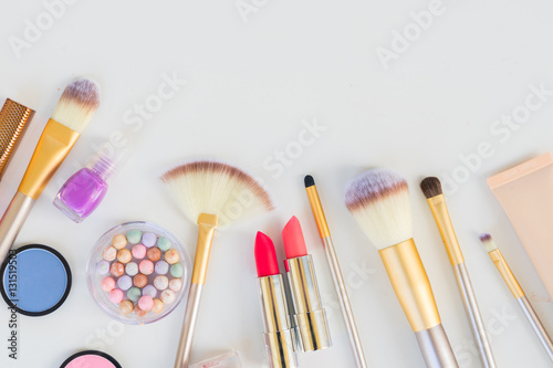 Colorful make up flat lay scene border with copy space photo