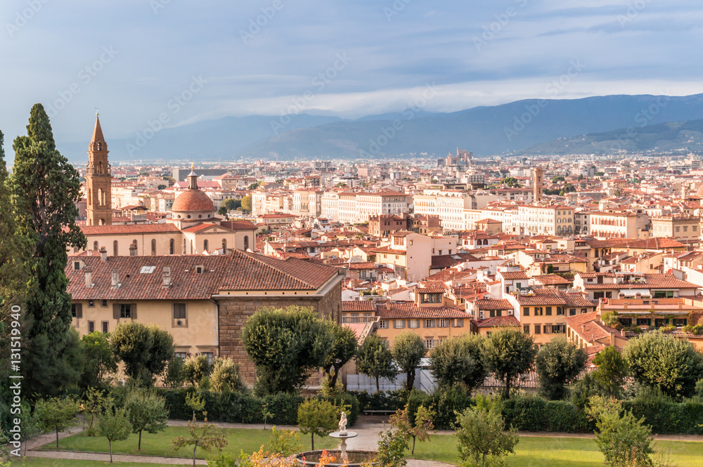 Skiline of the city Florence with Boboli gardens in the foreground.