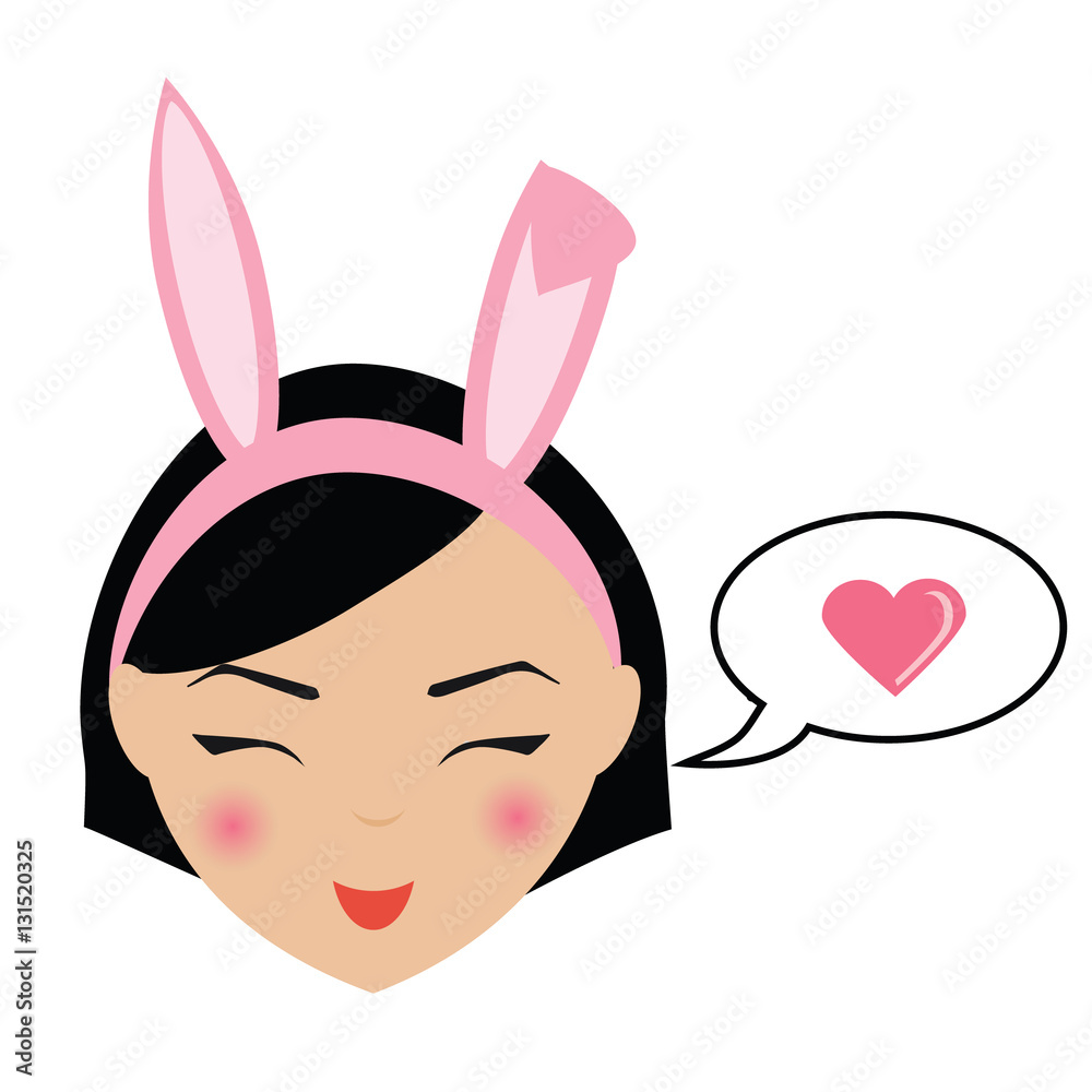 Vecteur Stock Cute smiling girl with bunny ears emoji. Isolated woman