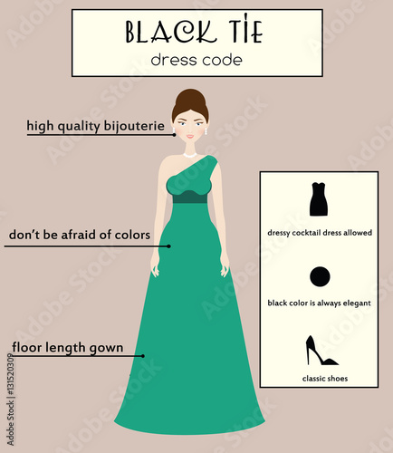 Woman dress code infographic. Black tie. Female in evening long gown