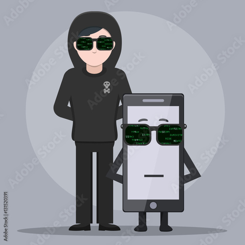 Vector cartoon illustration of hacker with phone character in matrix glasses. Concept of hacking and internet security.
