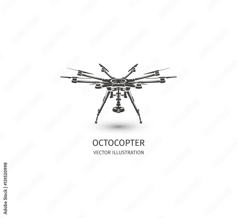 Isolated rc drone logo on white. UAV technology logotype. Unmanned aerial  vehicle icon. Remote control device sign. Surveillance vision multirotor.  Vector octocopter illustration. Stock Vector | Adobe Stock