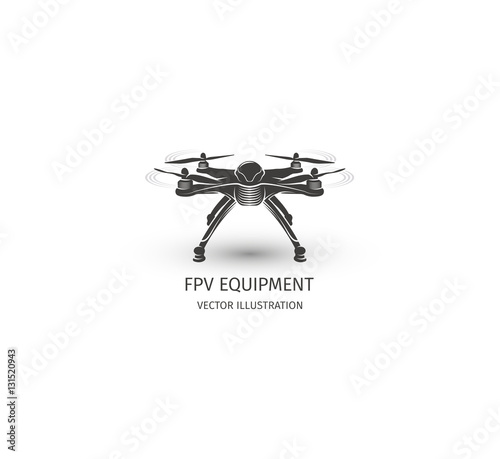 Isolated rc drone logo on white. UAV technology logotype. Unmanned aerial vehicle icon. Remote control device sign. Surveillance vision multirotor. Vector quadcopter illustration.