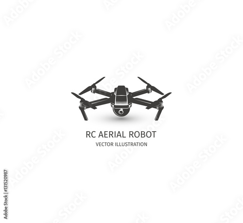 Isolated rc drone logo on white. UAV technology logotype. Unmanned aerial vehicle icon. Remote control device sign. Surveillance vision multirotor. Vector quadcopter illustration.