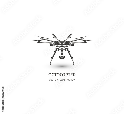 Isolated rc drone logo on white. UAV technology logotype. Unmanned aerial vehicle icon. Remote control device sign. Surveillance vision multirotor. Vector octocopter illustration.