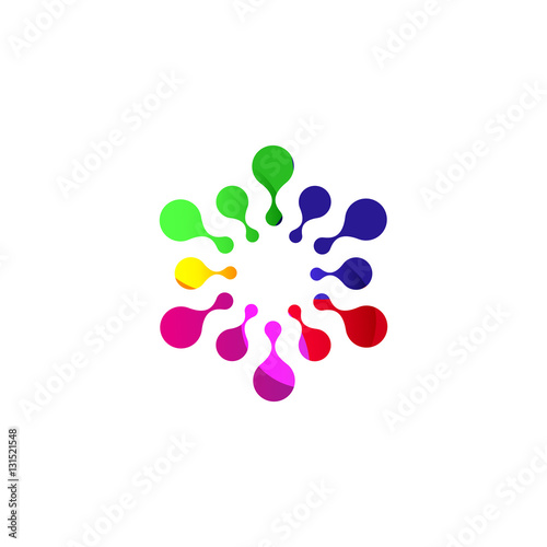 Digital colorful isolated circle logo template. Stylized abstract snowflake  flower or sun vector illustration. Polka dots round sign.