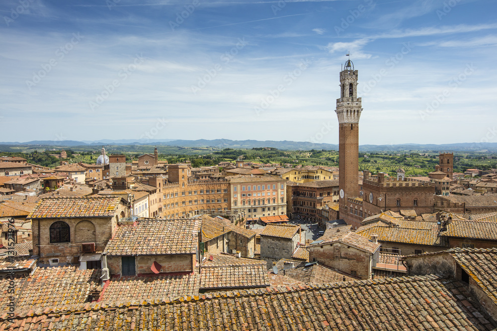 view to the towers and central square in Tuscany city