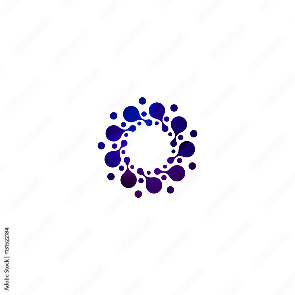 Digital colorful isolated circle logo template. Stylized abstract snowflake, flower or sun vector illustration. Polka dots round sign.