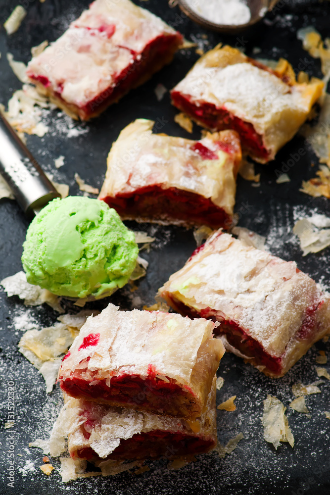HUNGARIAN SOUR CHERRY STRUDEL .selective focus. HUNGARIAN SOUR CHERRY STRUDEL .selective focus.