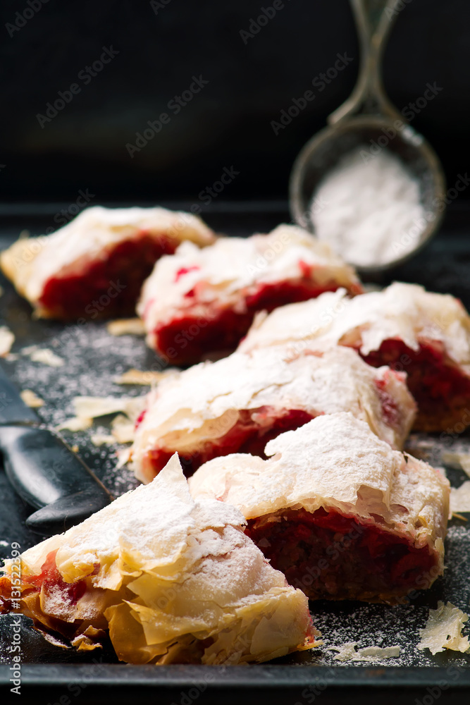 HUNGARIAN SOUR CHERRY STRUDEL .selective focus.