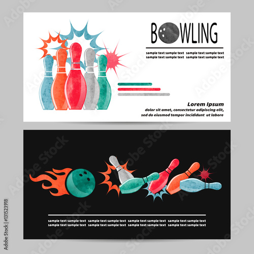 Bowling vector poster, flyer or banner design. Watercolor bowling pins and balls illustration.