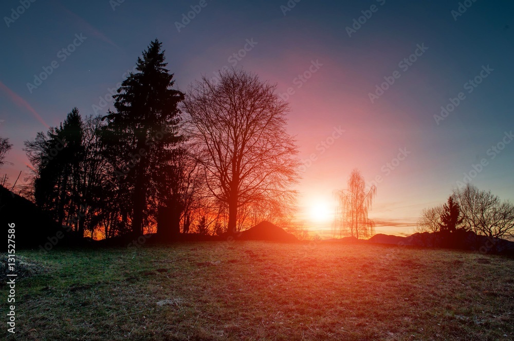 sunset in the mountains with trees sunset in the mountains with trees