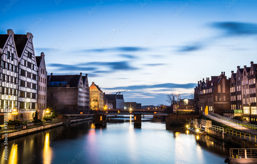 Gdansk Old Town bridge and river at sunset