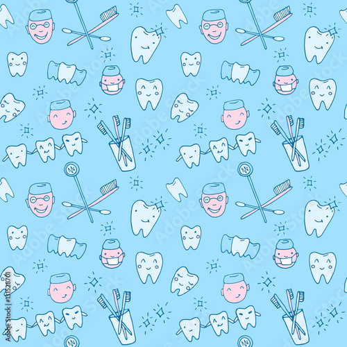 Seamless vector pattern - kawaii dentist, set of hand drawn objects. Cute sketch with doctor, teeth, toothbrush, smile and dental tools