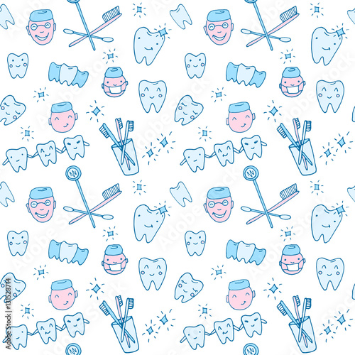 Seamless vector pattern - kawaii dentist, set of hand drawn objects. Cute sketch with doctor, teeth, toothbrush, smile and dental tools
