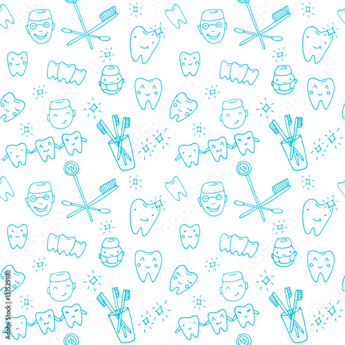 Seamless vector pattern - kawaii dentist, set of hand drawn objects. Cute sketch with doctor, teeth, toothbrush, smile and dental tools