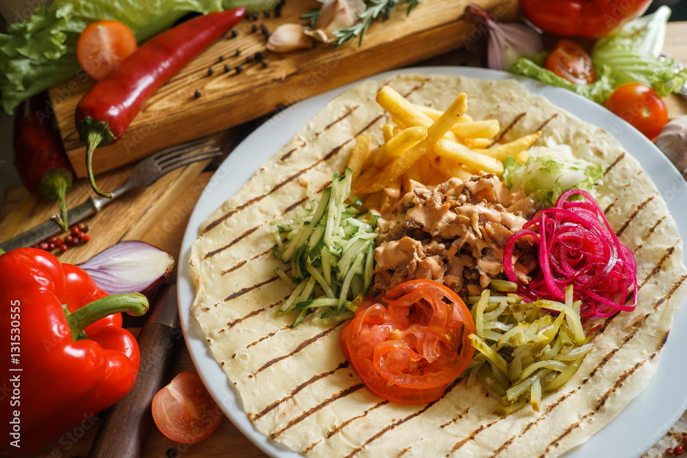open shawarma with vegetables open shawarma with vegetables