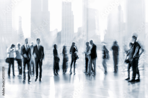 group of people in the lobby business center and blue tonality