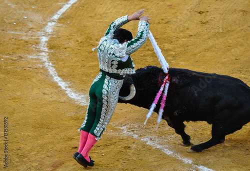 Banderillero nailing a pair of banderillas, animal suffering, bullfight, Spain