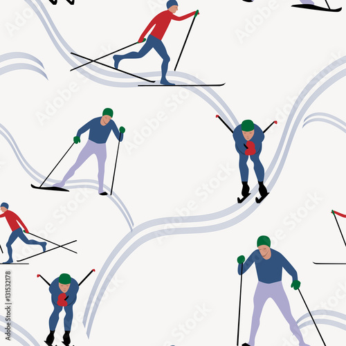 Seamless pattern skiing in winter, vector