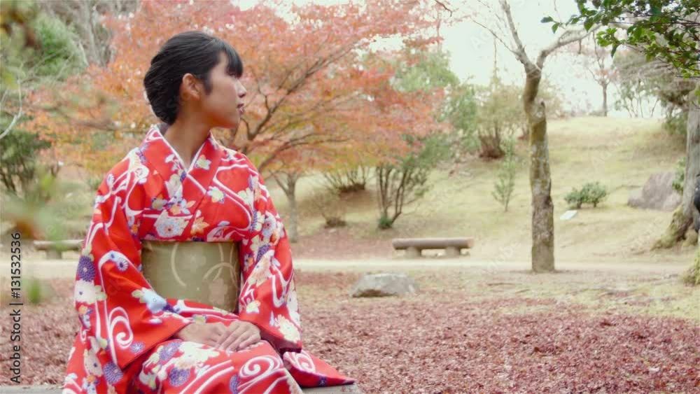 Japanese young women sitting in beautiful park Autumn leaves Japanese young women sitting in beautiful park Autumn leaves