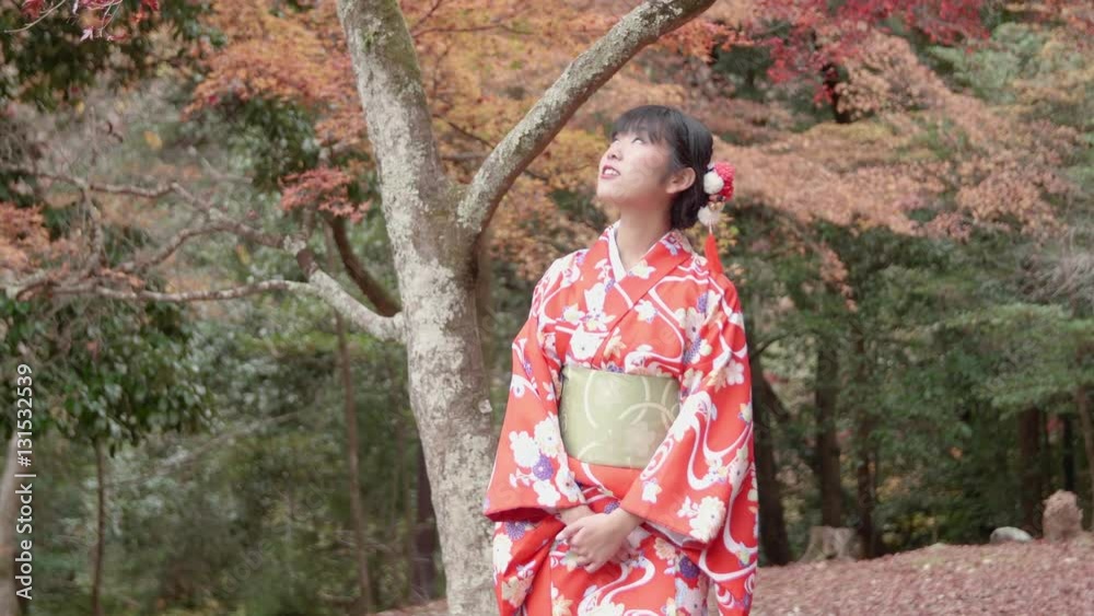 Japanese girl red kimono walking through Kyoto forest Japanese girl red kimono walking through Kyoto forest