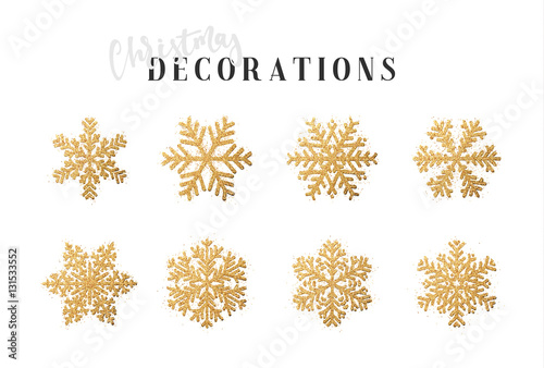 Snowflakes decoration Christmas and New Year's symbols. Set 8 golden different snowflakes of handmade. Winter objects. Festive elements.