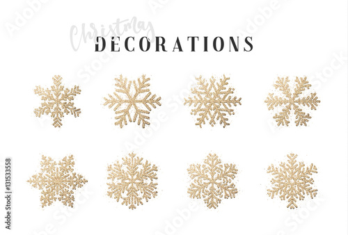 Snowflakes decoration Christmas and New Year's symbols. Set 8 golden different snowflakes of handmade. Winter objects. Festive elements.