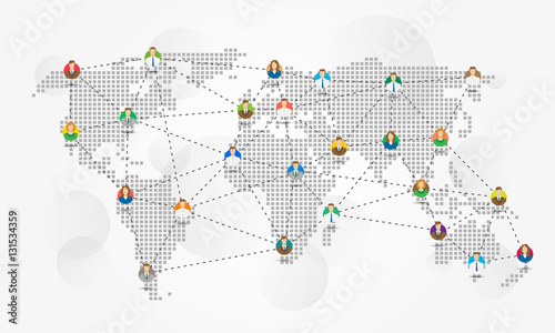 Global communication vector illustration. Avatars of people connected each other creative concept. Worldwide communications graphic design.