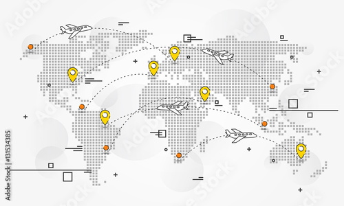 International flights vector illustration. Global communication with planes and paths creative concept. Worldwide airplane transportation graphic design.