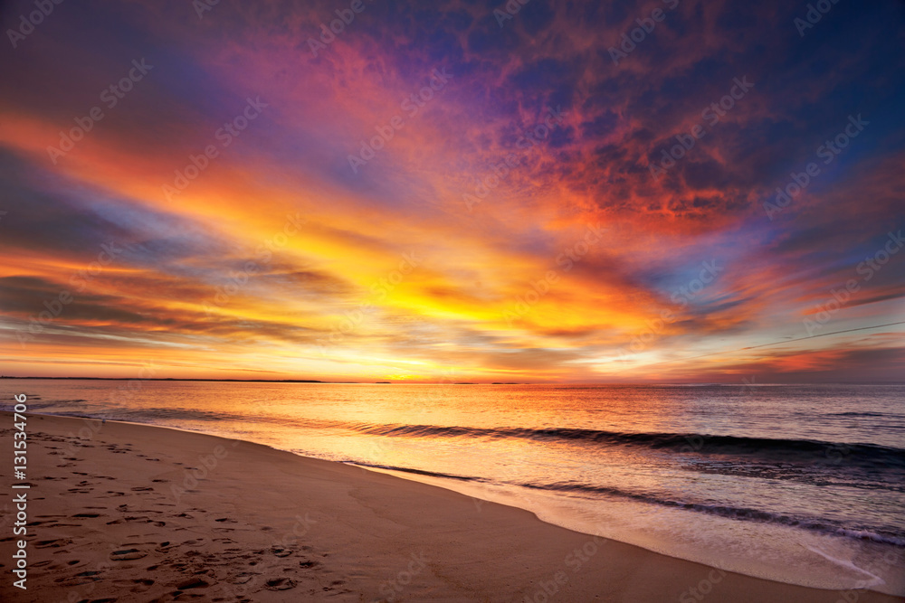 Maine beach in vivid colors of pre-dawn light