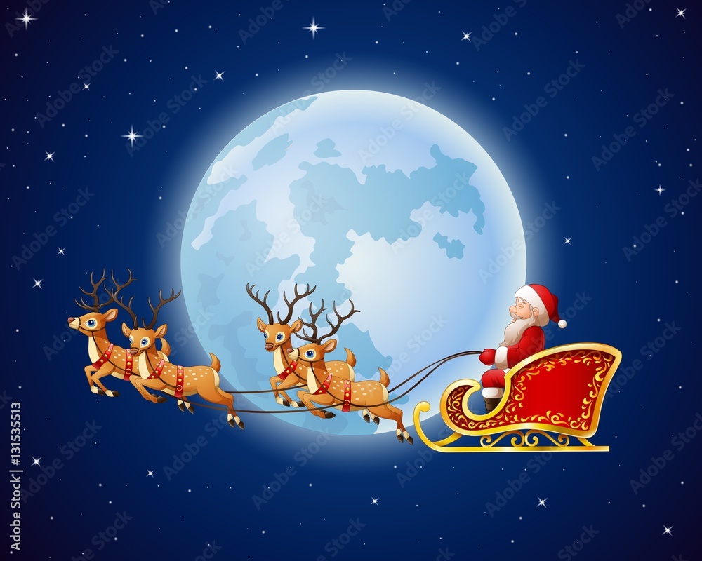 Naklejka premium Santa Claus rides reindeer sleigh against a full moon background