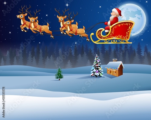 Christmas background with Santa Clause riding his reindeer sleight
