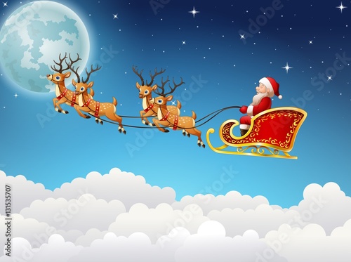 Santa Claus rides reindeer sleigh flying in the sky