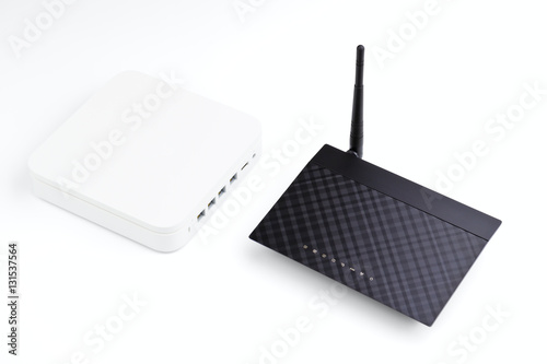 White and black wireless routers