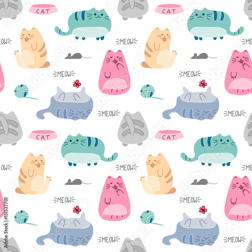 Cute funny seamless pattern with cats and accessories