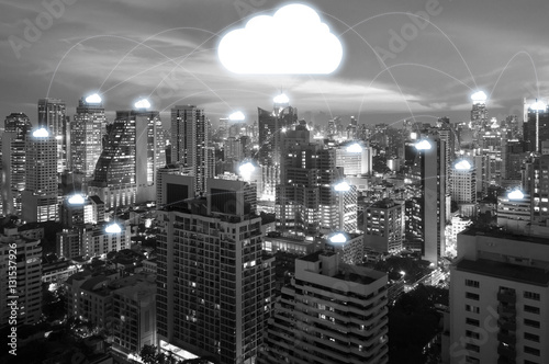 Night cityscape and internet network connection cloud technology