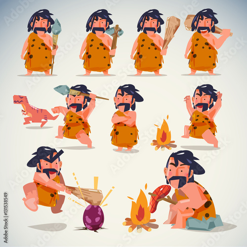 caveman in action. character design set. various positions. stone age concept - vector illustration