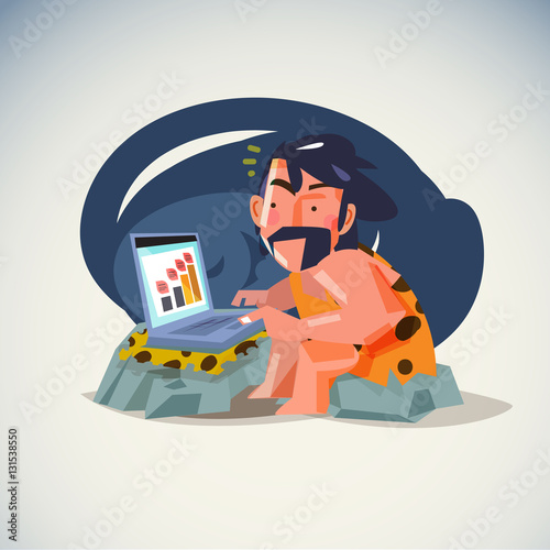 caveman working with laptop - vector