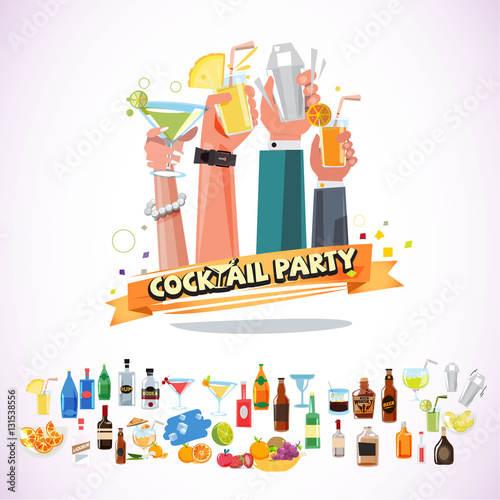 Hands holding various glasses of coctails with ribbon. cocktail